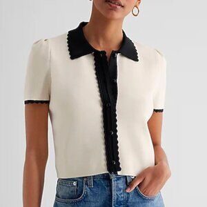 Truth By Republic Scalloped Knit Sweater Short Sleeve Black & Ivory SP